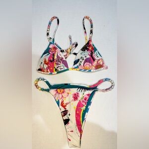 Agua Bendita Boho Beaded Floral Triangle Bikini Set Brazilian Top S Bottom M